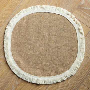 Qfdian Round Burlap Placemats Set of 4 Jute Rustic Place Mats for Dining Party Tables Heat Resistant Natural Farmhouse Table Mats Decor
